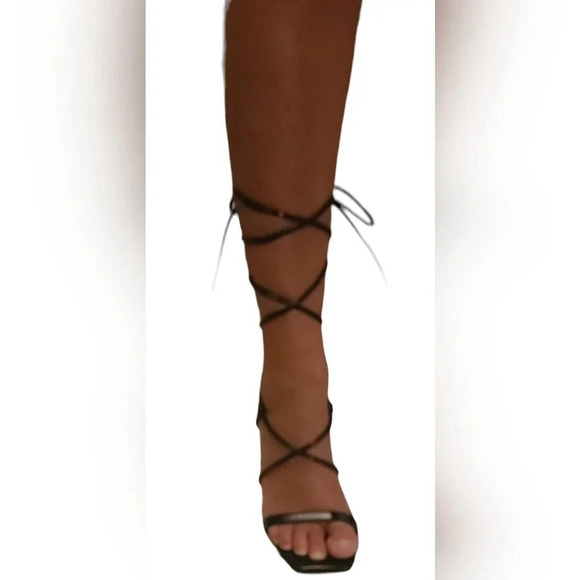 Elisabet Lang Black Patent Leather Lace Up Open Toe Strappy Sandals Shoes Baddie - Picture 2 of 12